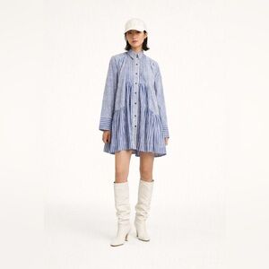 Ganni mixed blue and white striped button front gathered skirt mini dress. 34.